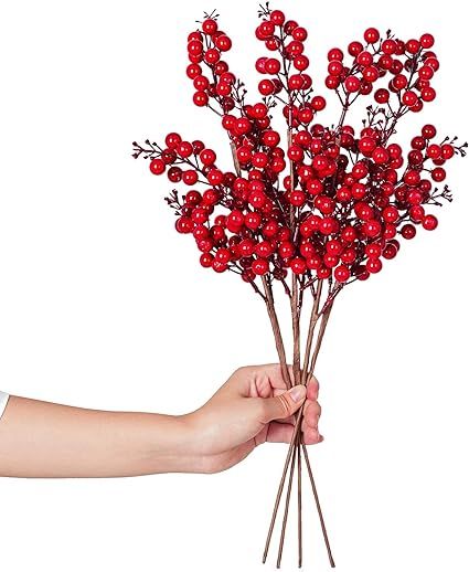 Lvydec 4 Pack Artificial Red Berry Stems - 19.5 Inch Christmas Holly Berry Branches for Holiday H... | Amazon (US)