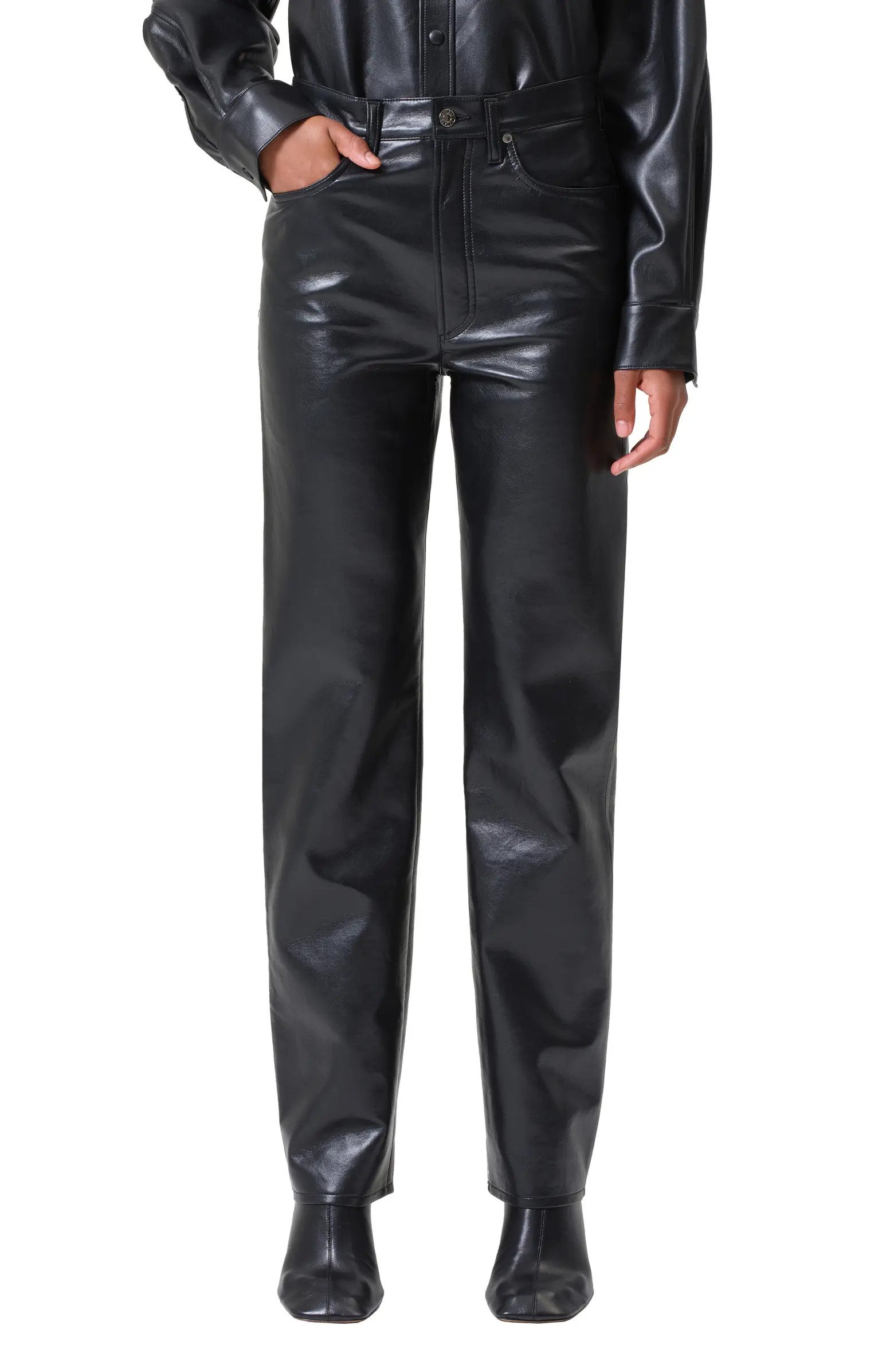 '90s Pinch Waist Straight Leg Leather Blend Pants | Nordstrom