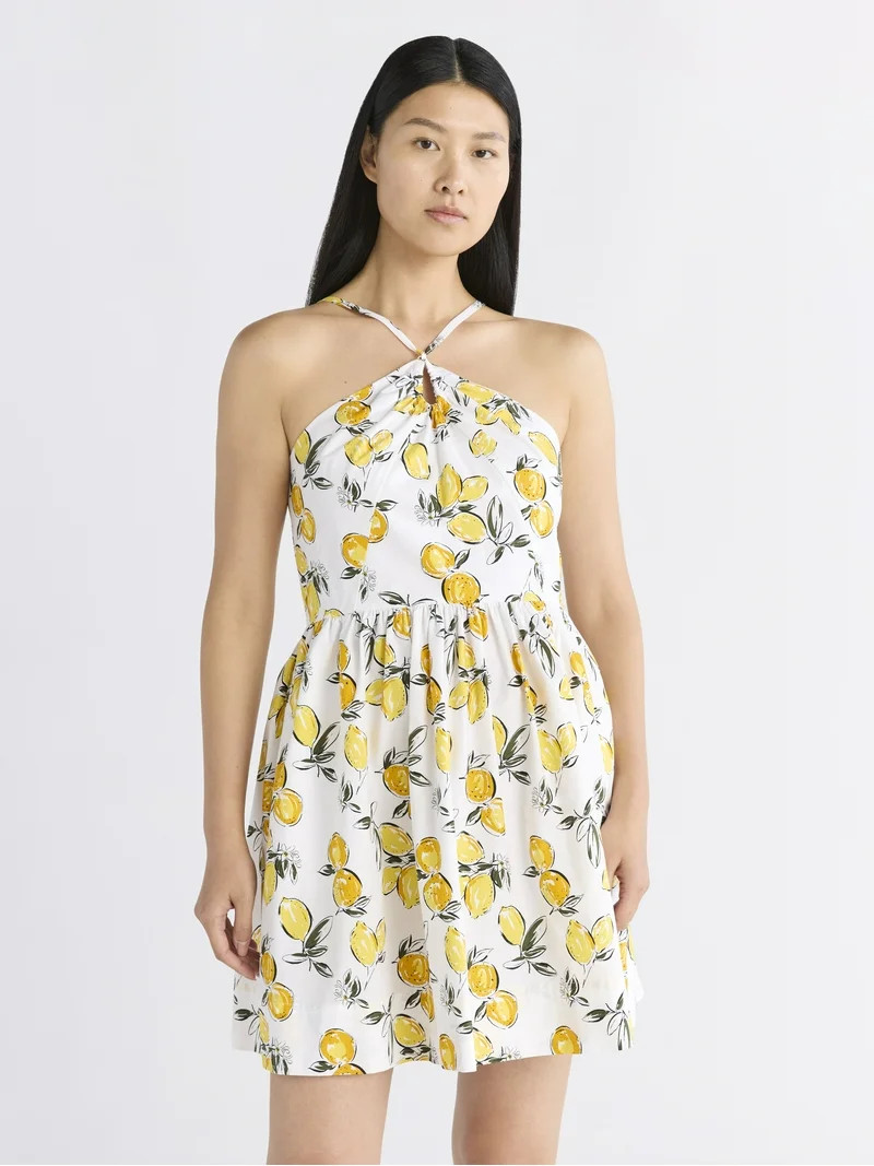 Free Assembly Women's Sleeveless Halter Fit and Flare Cotton Mini Dress, XS-XXL | Walmart (US)