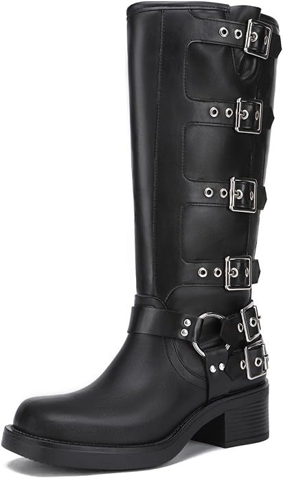 Athlefit Women's Knee High Riding Boots Fashion Buckle Square Toe Chunky Heel Wide Calf Biker Boo... | Amazon (US)