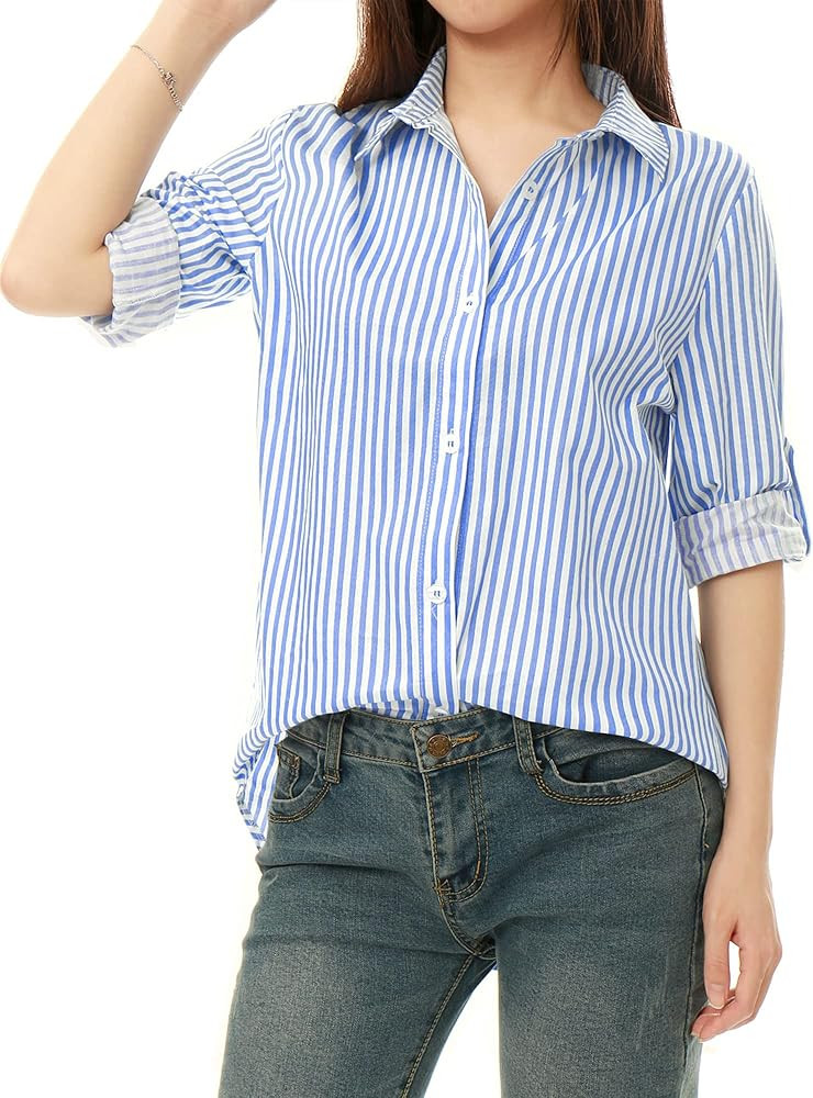 Allegra K Women's Striped Button Down Roll-up Long Sleeves Point Collar Shirt | Amazon (US)