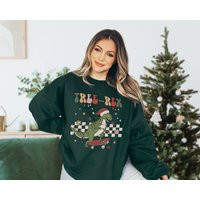 Retro Christmas Sweatshirt Comfort Colors® Tree Rex Dinosaur Sweater Groovy Clothes Dino | Etsy (US)