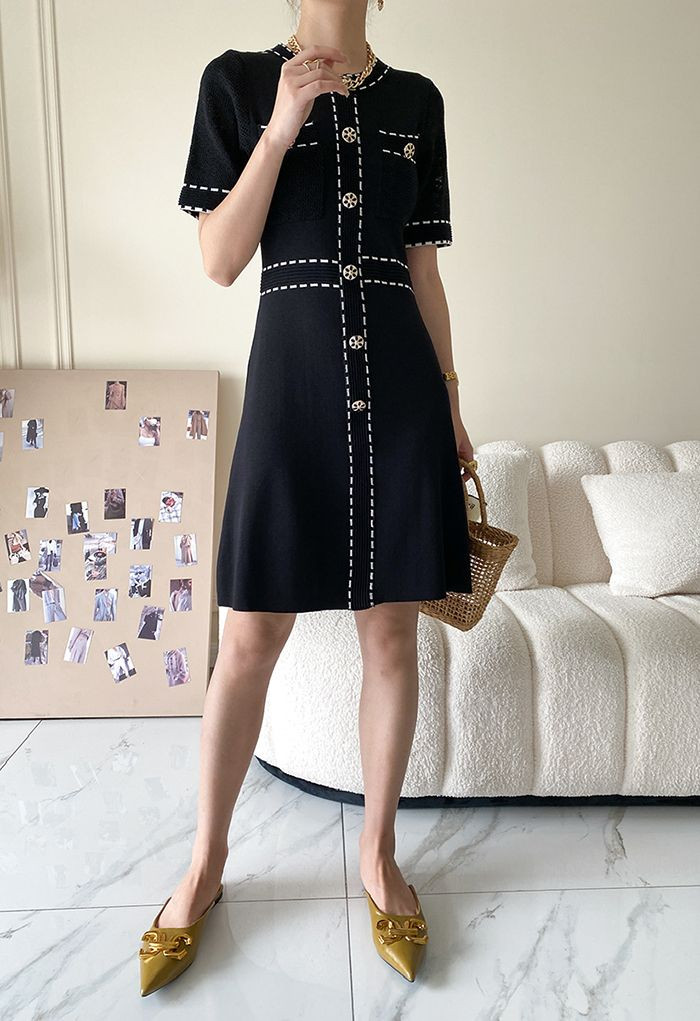 Extra Chic Button Embellished Knit Dress in Black | Chicwish