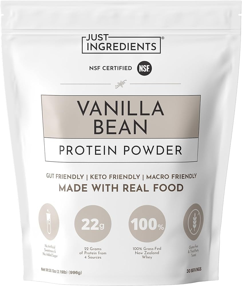 JUST INGREDIENTS Vanilla Bean Protein Powder \u2013 30-Serving Blend with 100% Grass-Fed Whey & O... | Amazon (US)
