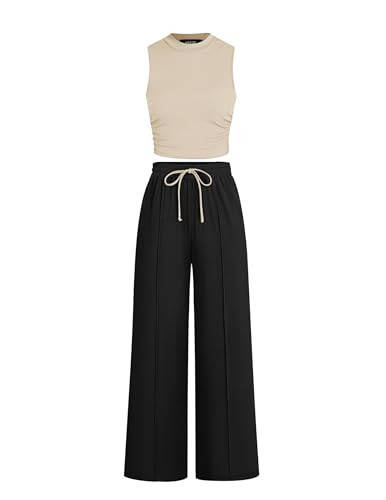 HAEOF Women's Summer 2 Piece Outfits Ribbed Sleeveless Slim Fit Crop Tops and Wide Leg Pants Matching Lounge Set(Apricot Black, S) | Amazon (US)