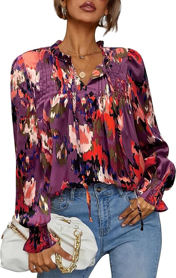 HOTOUCH Womens Long Sleeve Tops Boho Floral Printed Blouses Casual V Neck Pleated Drawstring Peas... | Amazon (US)