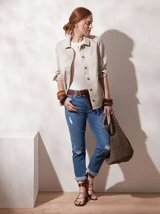 Low-Rise Medium Wash Destructed Girlfriend Jean | Banana Republic Factory