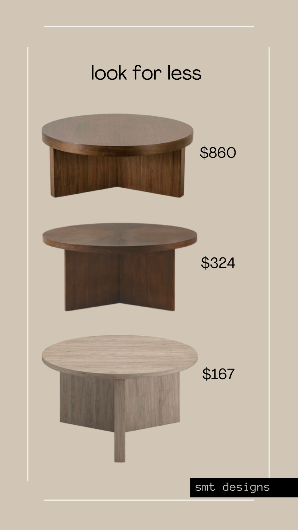 Look for less…round 3 leg coffee table

3 tables at 3 price points. On sale now during Wayfair’s furniture sale. Walnut coffee table, round coffee table

#LTKFind #LTKsalealert #LTKhome
