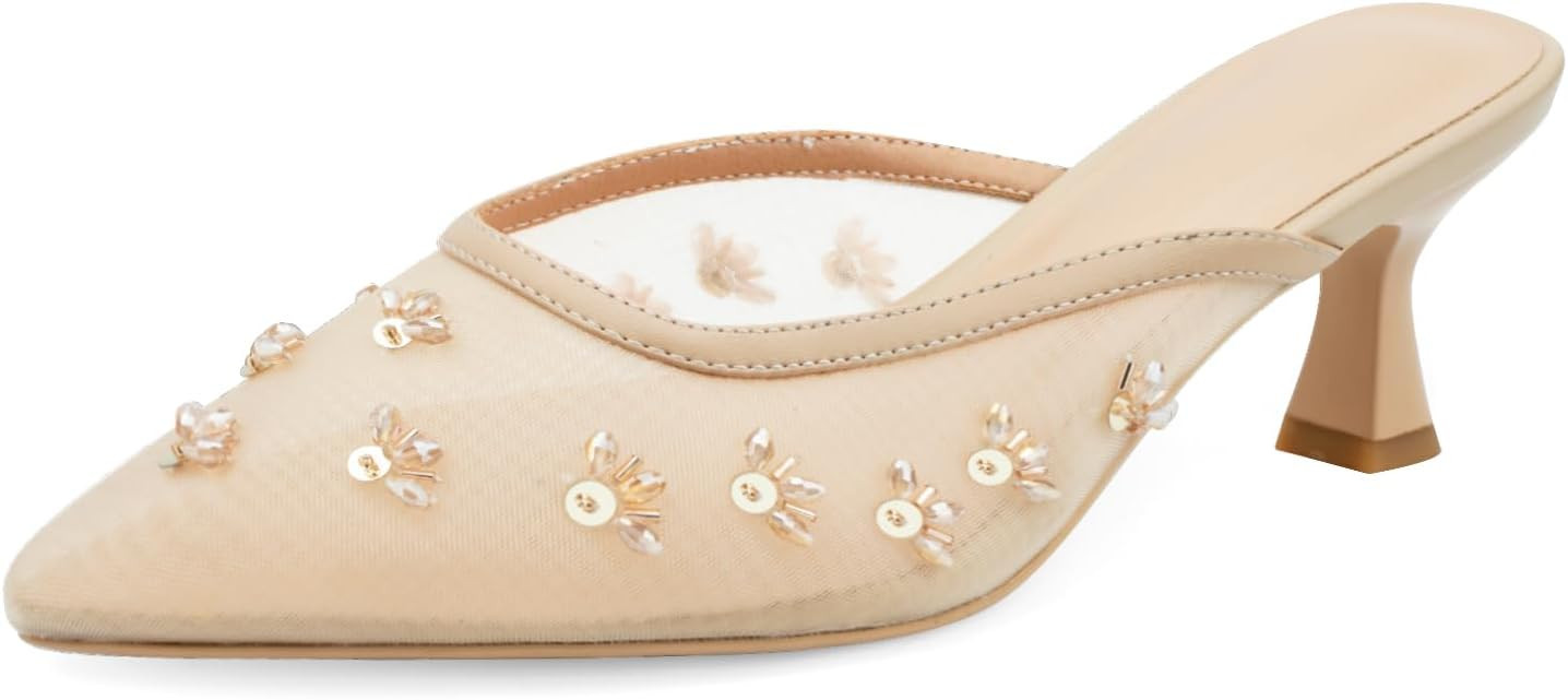 Women Kitten Heel Mules Crystal Flower Decor Mesh Pointed Toe Low Heel Casual Pumps | Amazon (US)