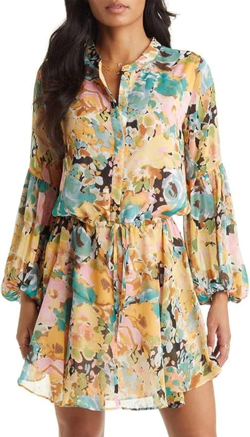 AlvaQ Womens Fall Summer Ruffle Lantern Sleeve Button Down Tie Waist Floral Print Swing Mini Dres... | Amazon (US)