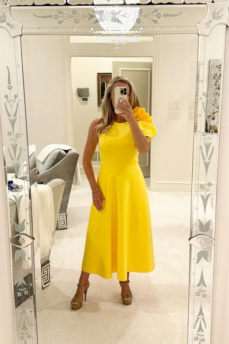 Beautiful bright yellow midi dress with one shoulder detail paired with strappy nude heels

Perfect for spring, Mother’s Day or a wedding! 

#LTKwedding #LTKstyletip #LTKFind