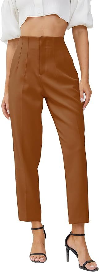 Women's High Waisted Business Trousers Straight Leg Pleated Office Slacks Pants | Amazon (US)