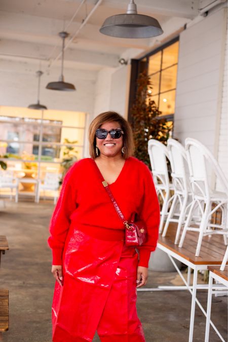 Pops of red (really it’s intensified pink—IFYKYK!). I LOVEEE this monochromatic look!  This sweater is SOOO cozy and there are multiple ways to style this beauty. I love it paired with jeans or layered over a midi slip dress, too! Everything I’m wearing fits TTS. My skirt, my purse, and my shoes are #gifted. ❤️❤️❤️

#LTKstyletip #LTKworkwear