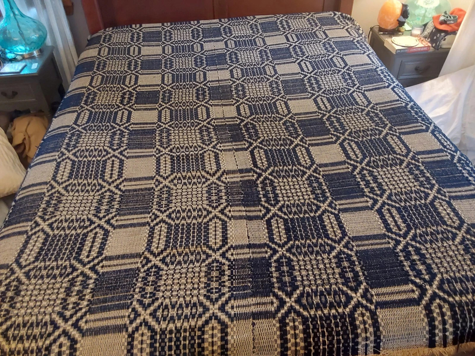 Antique 1800's Handwoven Wool Linen Blue and White Coverlet Blanket  | eBay | eBay US