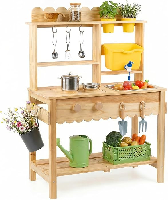 Wooden Mud Kitchen for Kids Outdoor - Play Kitchen with Real Running Water Sink & Removable Sink,... | Amazon (US)