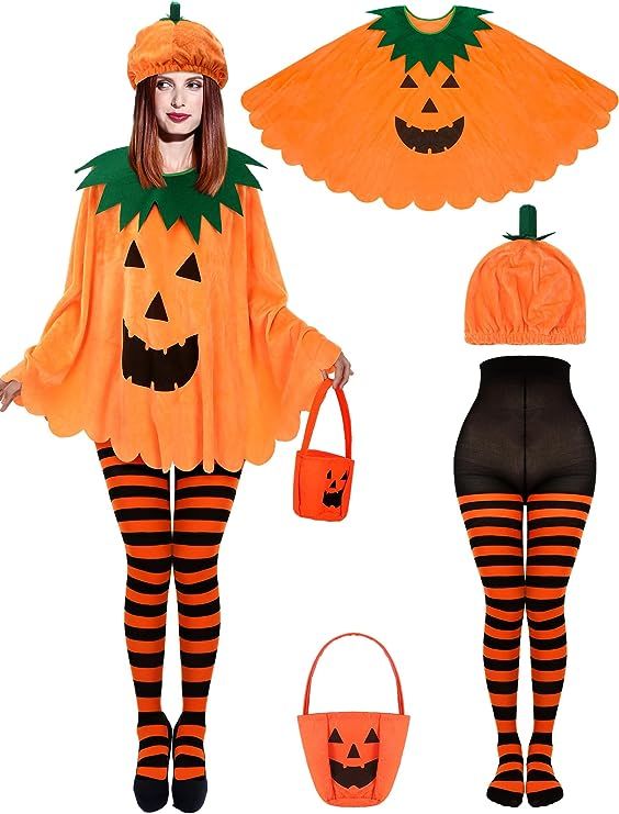 Funtery 4 Pcs Halloween Adult Pumpkin Costume Set Pumpkin Cloak Poncho with Candy Bag Funny Hat S... | Amazon (US)
