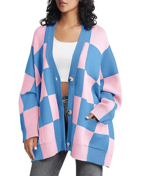 Saodimallsu Womens Checkered Sweater Color Block Plaid Oversized Cardigan Long Sleeve V Neck Butt... | Amazon (US)