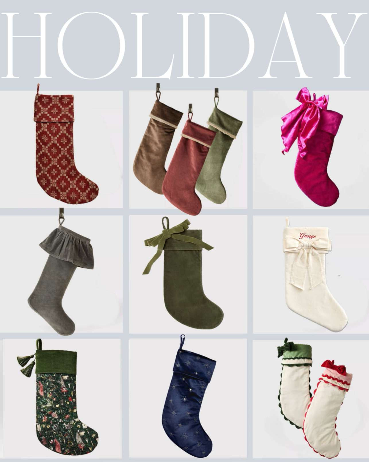 These stockings are the sweetest way to dress up your mantle. Click to shop the collection.
Brandis green velvet stocking, red velvet stocking, gray Mauree velvet stocking, classic white velvet bow stockings, cream velvet bow stocking, navy velvet stocking, printed green stocking, red Jude stocking, Annabelle stocking  

 #LTKHoliday #LTKSeasonal #LTKHome