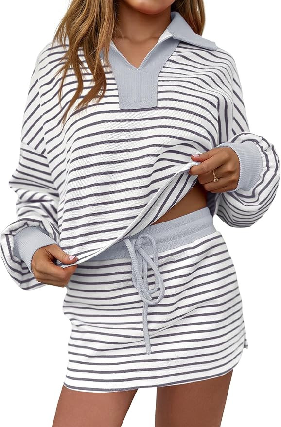 Fisoew Womens Striped 2 Piece Outfits Casual Sweatshirt Skirt Set Long Sleeve Skort Workout Set M... | Amazon (US)