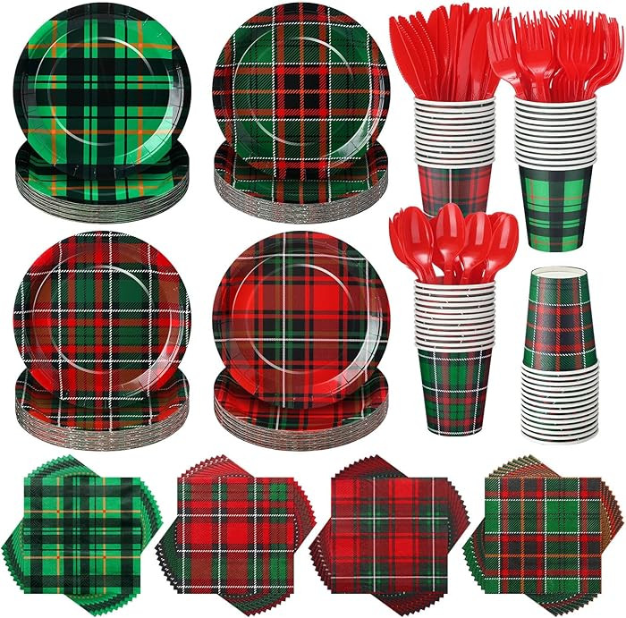 Maxdot 288 Pcs Christmas Plaid Tableware Supplies Red and Green Plaid Paper Disposable Plates Cup... | Amazon (US)