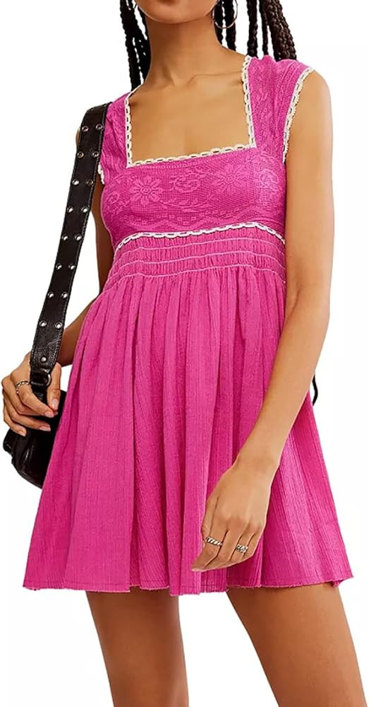 utcoco Women's 2025 Summer Smocked Square Neck Mini Dress Sleevelss Backless A-line Swing Babydol... | Amazon (US)
