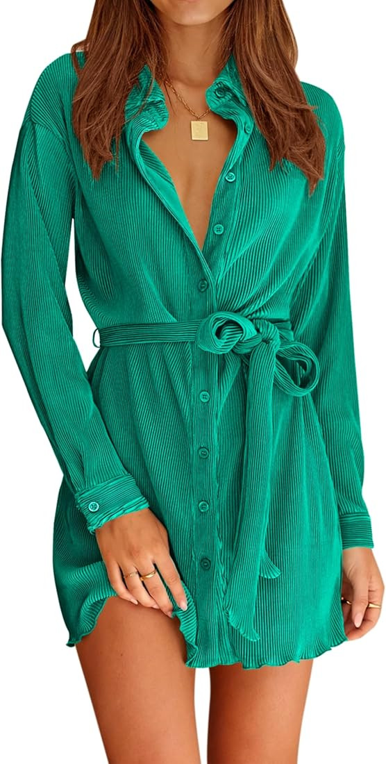 MASCOMODA Women 2023 Fall Dresses Long Sleeve Button Down Pleated Shirt Dress Casual V Neck Shack... | Amazon (US)