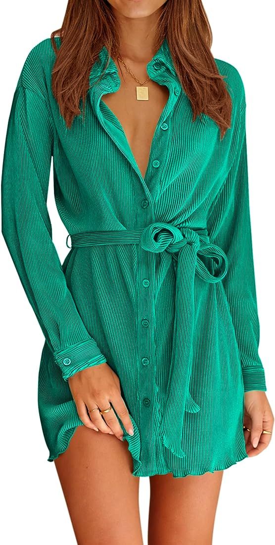 MASCOMODA Women 2023 Fall Dresses Long Sleeve Button Down Pleated Shirt Dress Casual V Neck Shack... | Amazon (US)