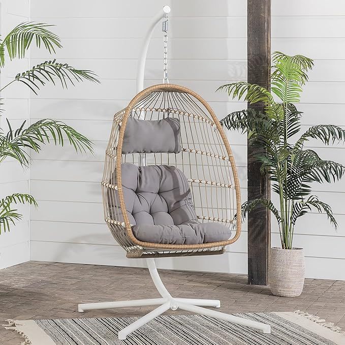 Walker Edison Carmel Modern Rattan Hanging Egg Swing Chair with Stand, 78 Inch, Brown and Grey | Amazon (US)
