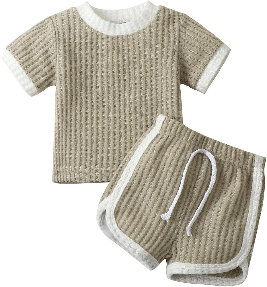 Newborn Baby Boys Clothes Summer Outfits Infant Waffle Shorts Set Solid Short Sleeve T-Shirt Top + E | Amazon (US)