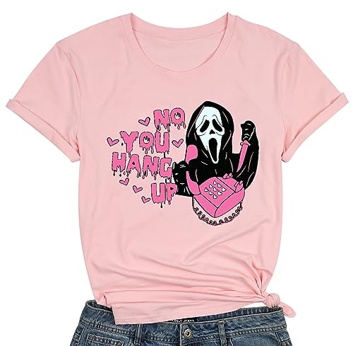 No You Hang Up Scary Horror Movie Halloween Shirt Women Funny Ghostface T Shirt Casual Halloween Party Tee Tops（S,Pink | Amazon (US)