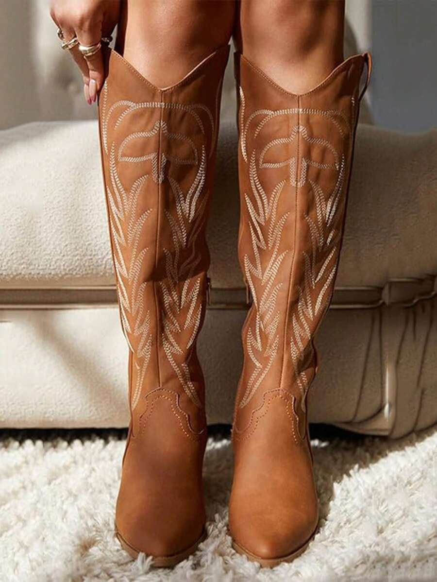 Vertundy Women's Below The Knee Western Boots Pull-On Side Zipper Cowboy Boots Embroidered Block ... | SHEIN