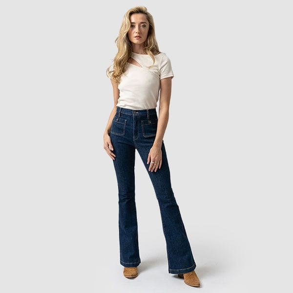 Bowie Stretch Flare Jeans - Mid Blue | Saint + Sofia