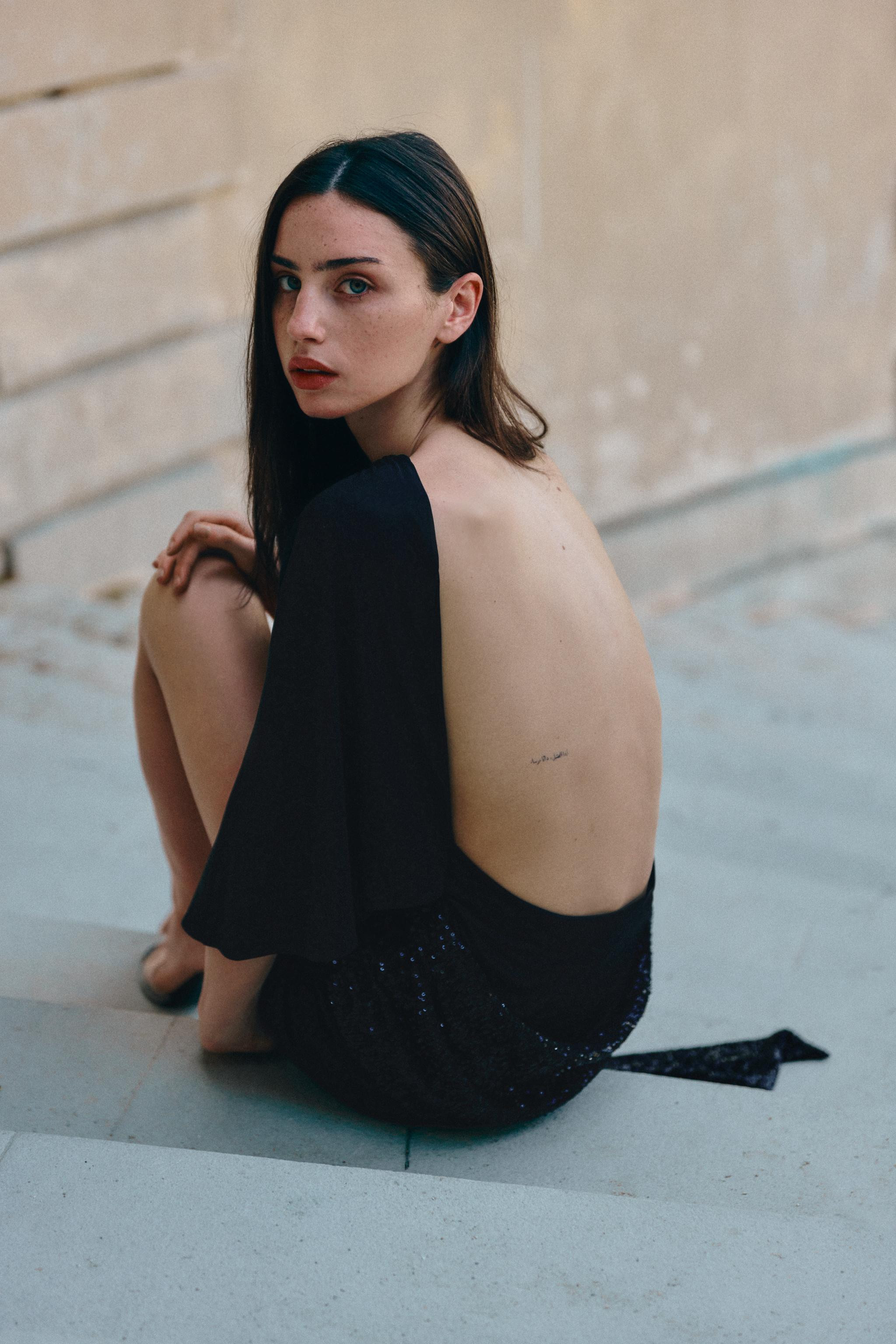 High collar dress with loose short sleeves. Open back. Waist sash detail with sequin appliqu\u00e... | Zara US
