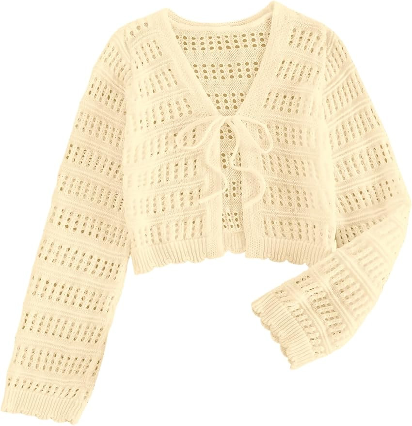 SHENHE Women's Tie Front Hollow Out Cover Up Summer Boho Knit Cardigan Crop Tops | Amazon (US)