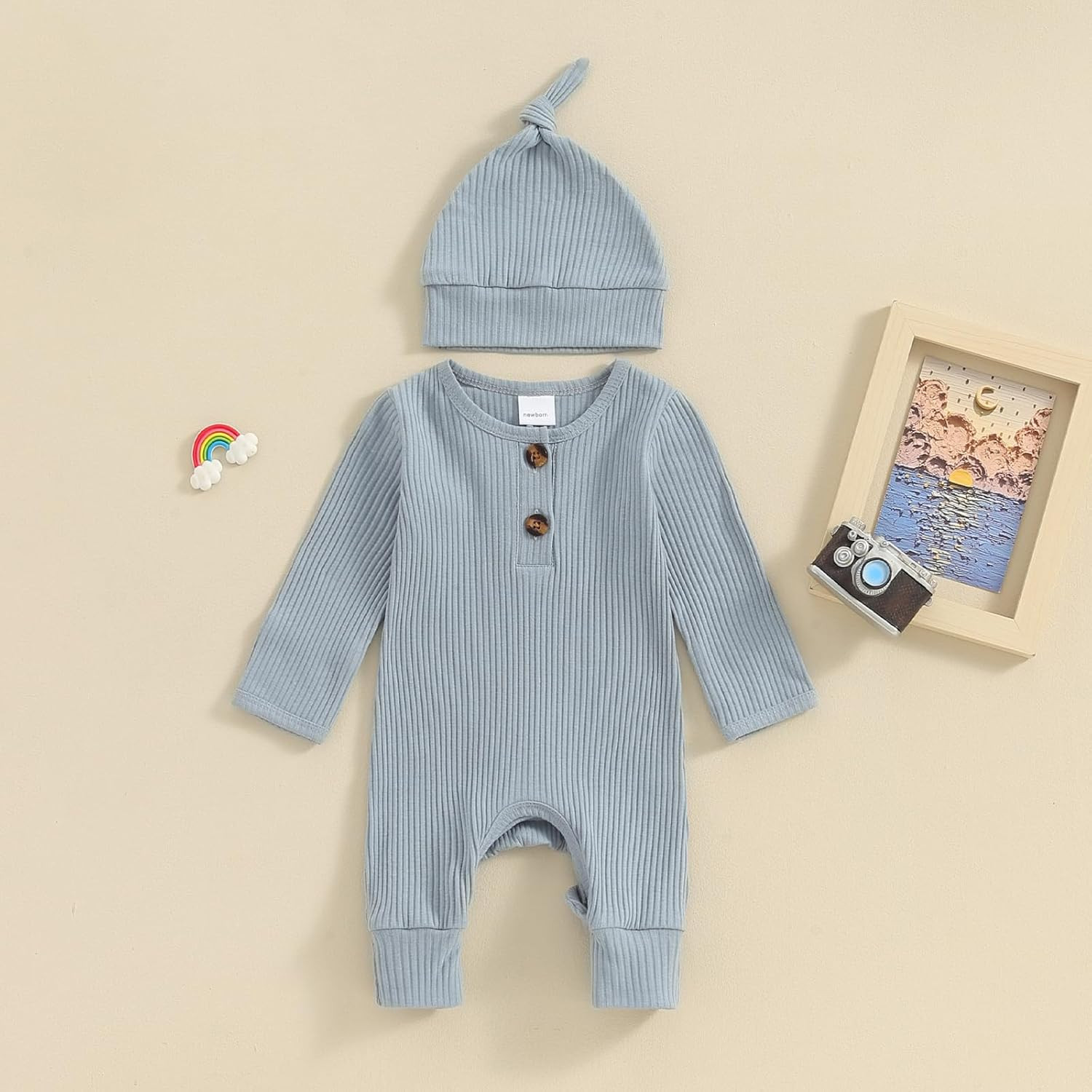 Infant Boys Girls Clothes Set Newborn Baby Romper Hat Ribbed Knit Long Sleeve Button Solid Bodysu... | Amazon (US)