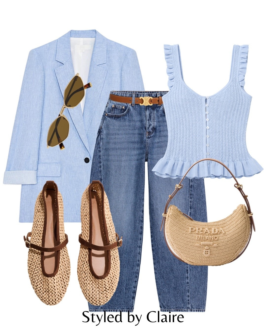 PASTEL BLUE🦋
Tags: linen blend blazer new in Zara barrel jeans spring ankle length style Celine belt brown frill knit top tank crochet raffia ballet flats brown detail Prada bag miu miu diamond sunglasses fashion trending inspo outfit ideas chic women’s style capsule wardrobe elevated basics brunch city break ootd date night Parisian Paris Barcelona Dubai London 

#LTKshoes #LTKspring #LTKstyletip
