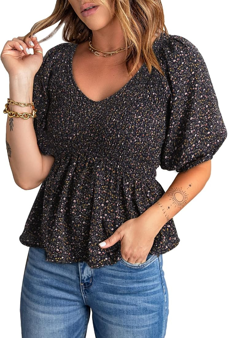 Acelitt Womens Squared Neck Smocked Blouses Boho Floral Print Dressy Tops Bishop Slim Fit Shirts ... | Amazon (US)