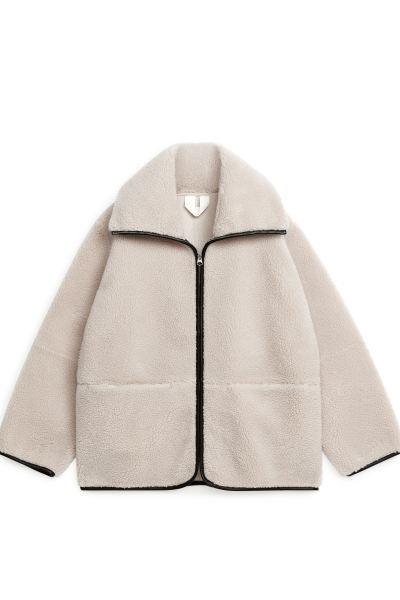 Leather Detailed Pile Jacket - Hellbeige/Schwarz - Ladies | H&M AT | H&M (DE, AT, CH, NL, FI)