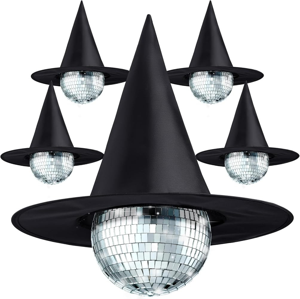 4 Set of Halloween Hanging Mirror Disco Ball Ornaments with Black Witch Hat Halloween Hanging Dec... | Amazon (US)