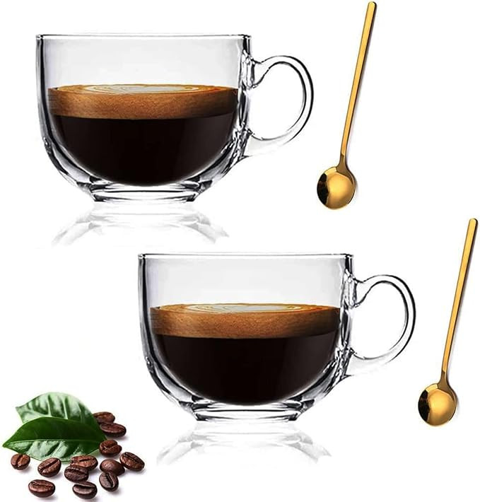 Large Clear Glass Coffee Mugs Set of 2,14.8 oz(440ml)-Wide Mouth Tea Cups with Handle and Spoon T... | Amazon (US)