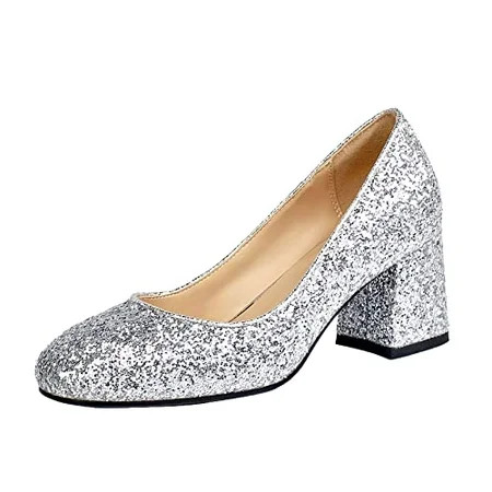 KozDyko Women s Sequin Pump Glitter High Heel Pumps Chunky Heel Slip On Wedding Shoes(Silver US Size | Walmart (US)