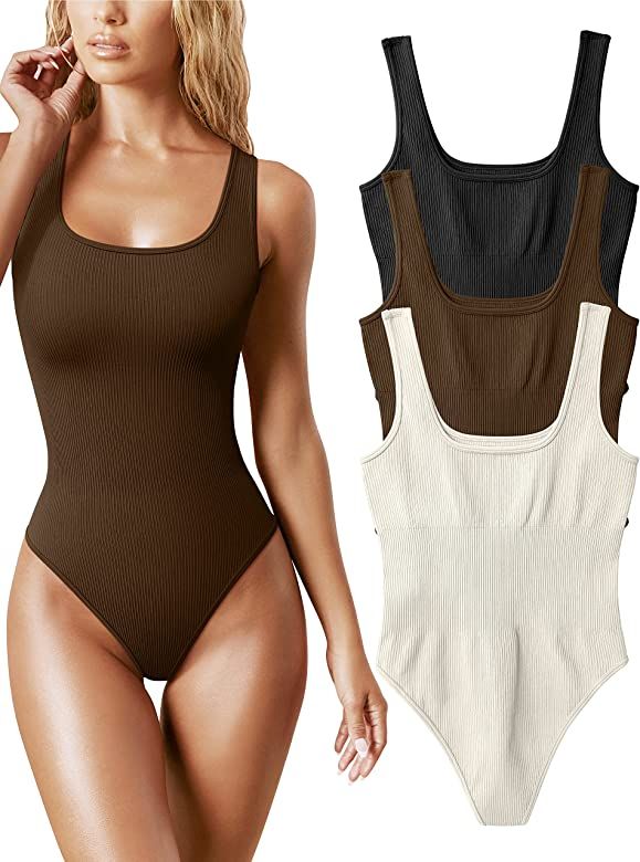 OQQ Women's 3 Piece Bodysuits Sexy Ribbed Sleeveless Square Neck Sleeveless Tank Tops Bodysuits | Amazon (US)