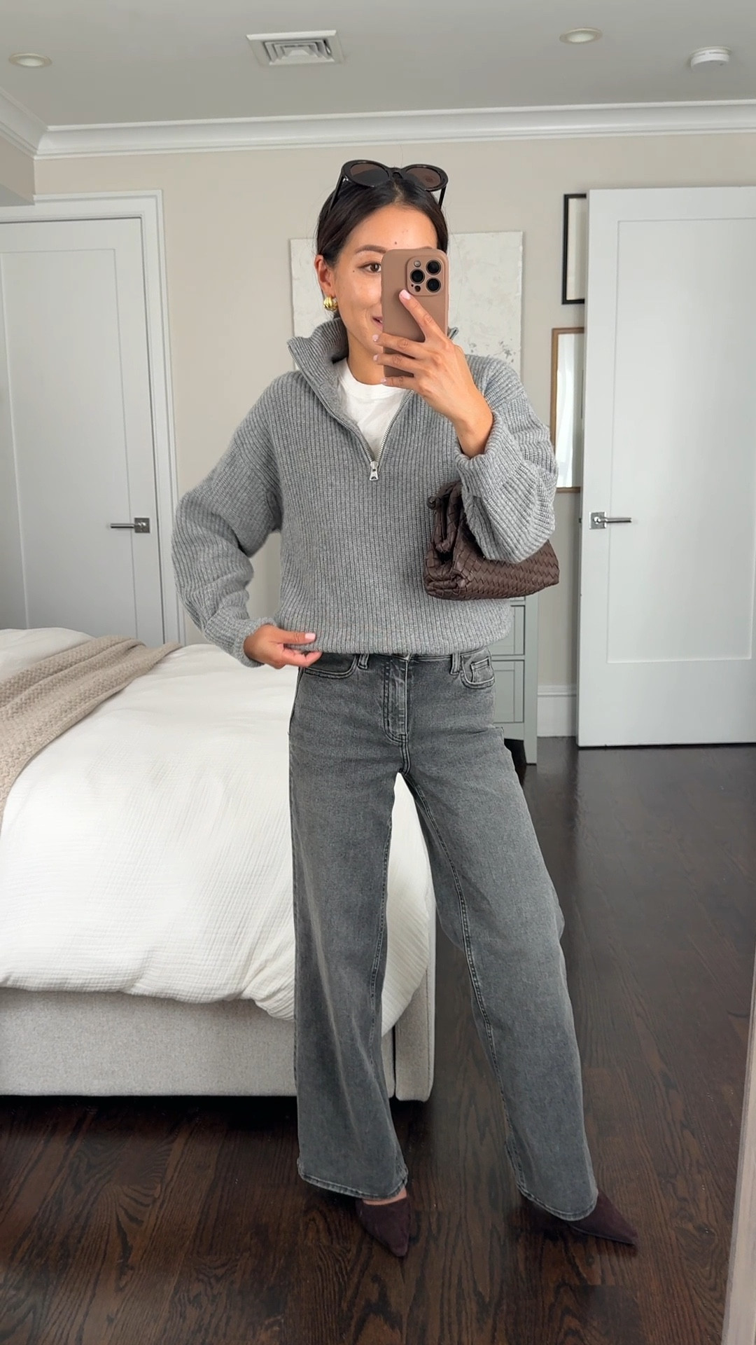 
• $50 Quince Bella stretch wide leg jeans size 24 x 28 inseam so good for petites! I can wear with flats and sneakers. Also comes in cropped (linked under similar)

I often wore this same outfit with leggings and flats or slim black pants or riding boots  on the weekends 

• Quince Mongolian cashmere quarter zip sweater xs, looser relaxed fit on me.

Great value for thicker cashmere! A favorite cozy sweater from last year restocked in many good colors

They also make a very similar merino wool version at a lower price point with a banded bottom and banded sleeve cuffs 

• Quince woven leather clutch

Easy Fall outfit, cozy sweater, petite friendly, outfits with denim, mom style 

#LTKWorkwear #LTKSeasonal #LTKPetite