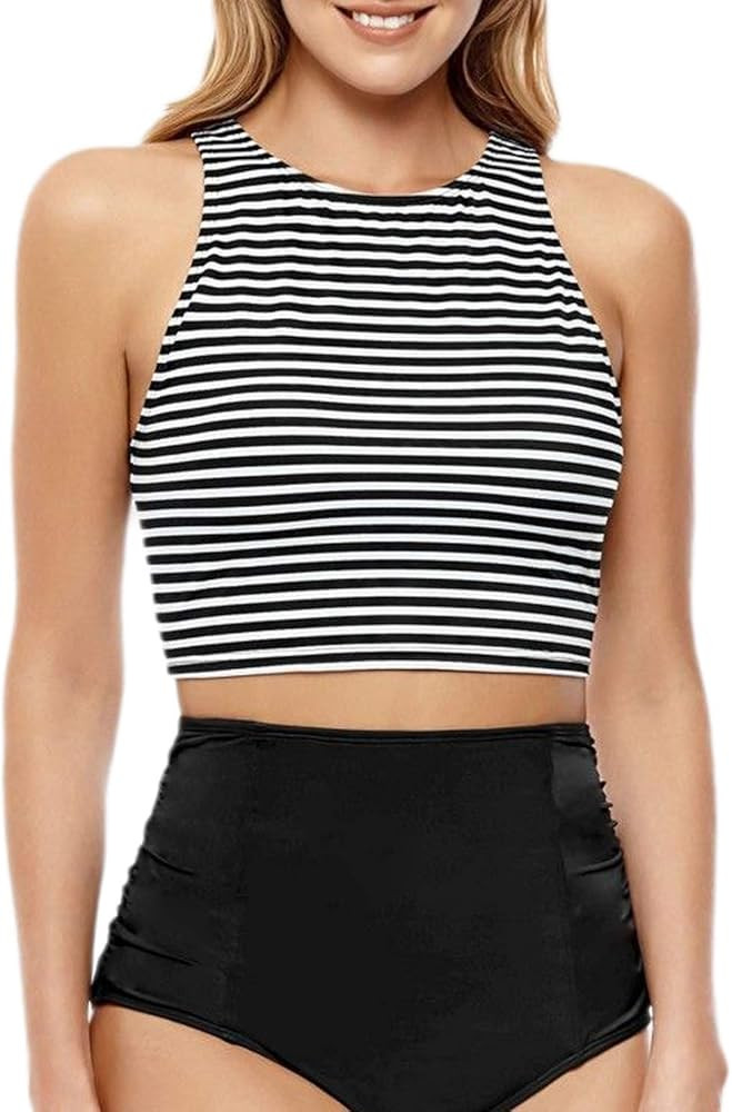 Mansy Women's 2PCS Tripe Padded Push Up High Waisted Bikini Swimsuit Swimwear | Amazon (US)