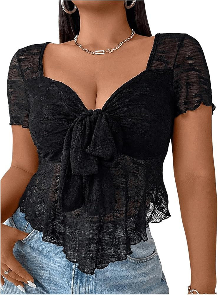 SweatyRocks Women's Plus Size Tops Sheer Mesh Short Sleeve Tie Knot Textured Crop Top | Amazon (US)