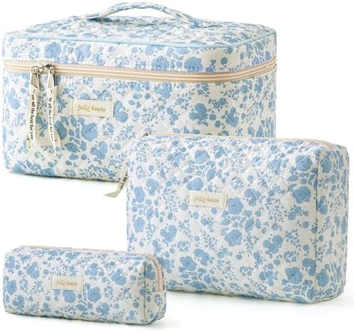 HBselect Quilted Makeup Bag, 3PCS Cotton Large Travel Makeup Bag, Cute Floral Coquette Make up Ba... | Amazon (US)