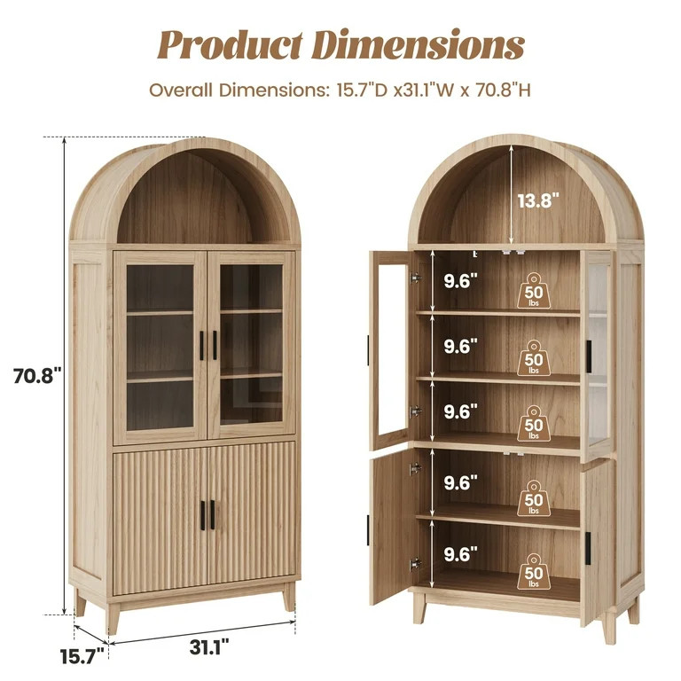 VEANERWOOD 71" Tall Arch Cabinet, Wood Fluted Kitchen Kitchen Storage Cabinet with 4 Doors and 6 ... | Walmart (US)