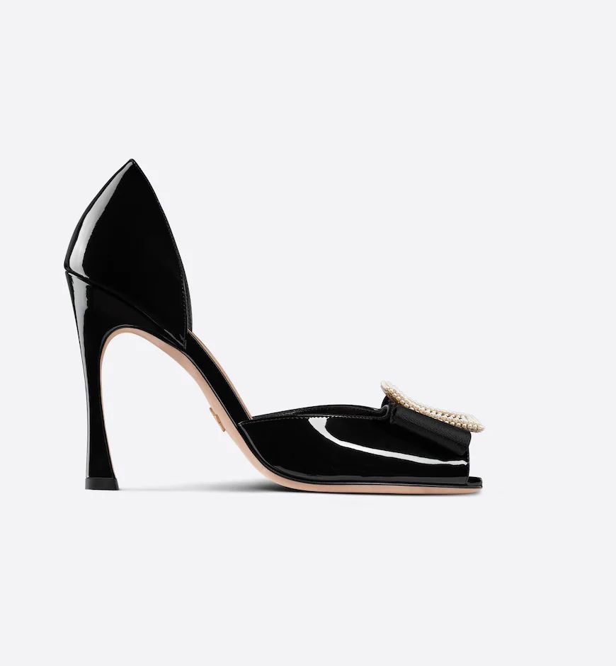 Dior Idylle Heeled Sandal Black Patent Calfskin and White Resin Pearls | DIOR | Dior Couture