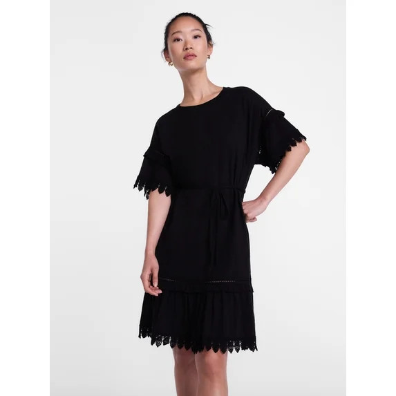 Scenario Women's Lace Trim Knit Dress with Short Sleeves, Sizes XS-XXXL | Walmart (US)