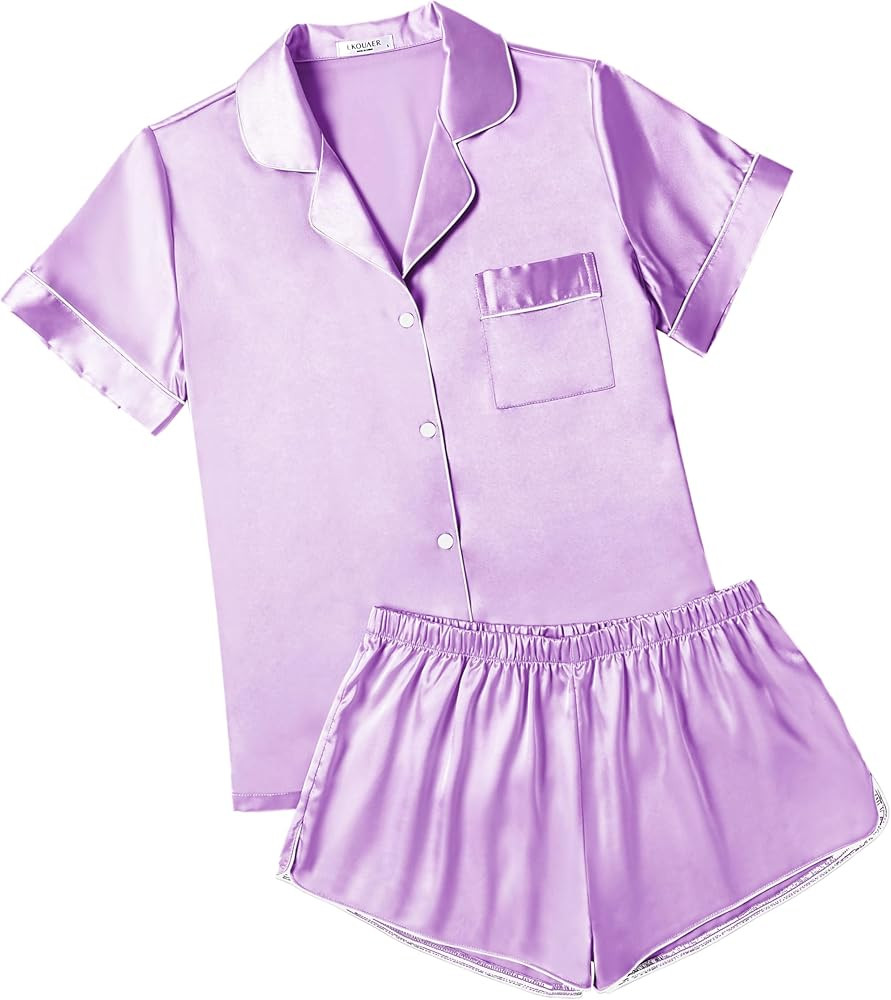 Ekouaer Womens Silk Satin Pajamas Short Sleeve Sleepwear Soft Button Down Loungewear 2 Piece PJS ... | Amazon (US)